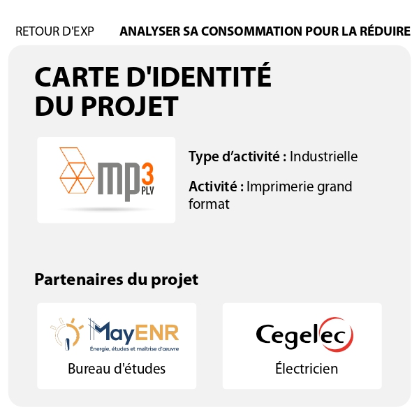 Carte d'identité du projet : 
Type d'activité : Industrielle
Activité : Imprimerie grand format 
Partenaires du projet
Bureau d'études : MayENR
Electricien : CEGELEC